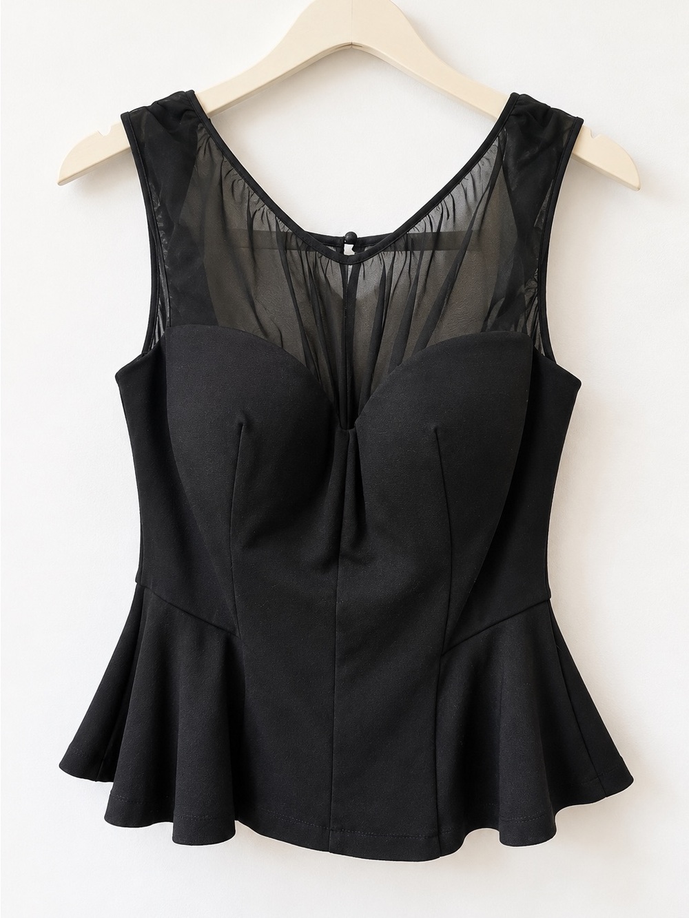 bebe Black Sheer Mesh Built-In Bra Peplum Bustier Top XS